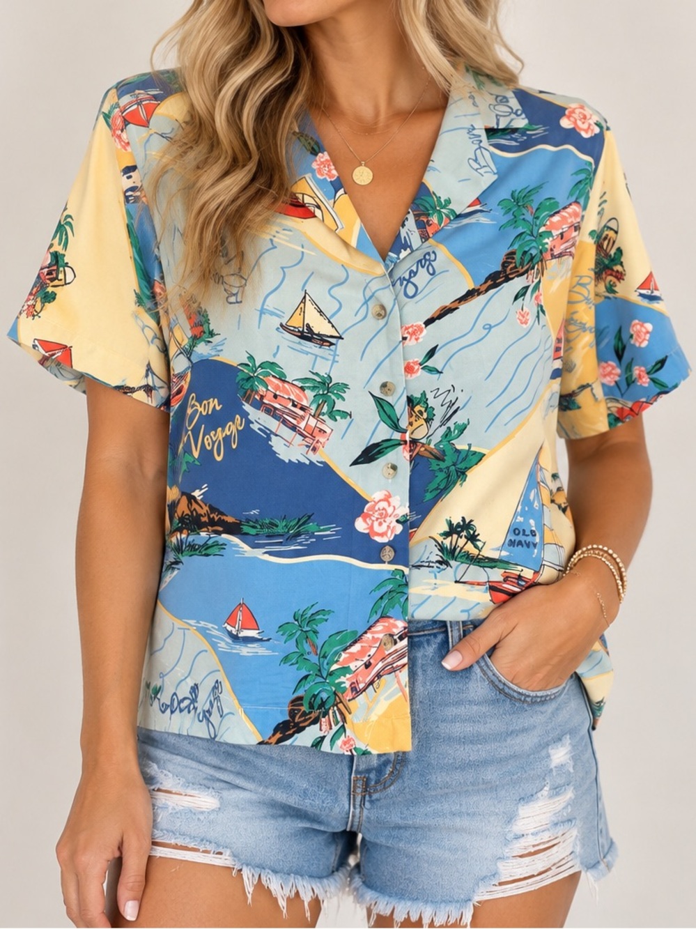 Old Navy Bon Voyage Tropical Hawaiian Camp Shirt Button Front Blue Yellow MP